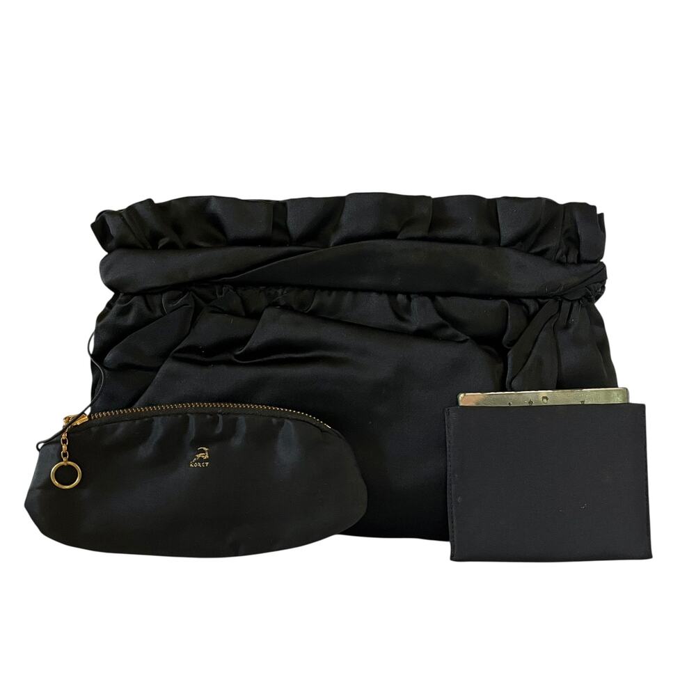 Vintage Koret Black Pleated Satin Clutch Evening Bag with Mirror and Coin Purse